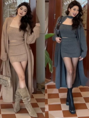 Hot girl knitted cardigan three-piece set for women's autumn and winter lazy style strapless skirt set soft and glutinous long sweater jacket