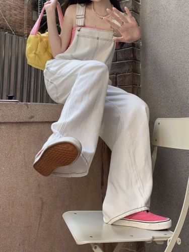 Three-standard design-sensory denim overalls for female students wide-leg denim trousers