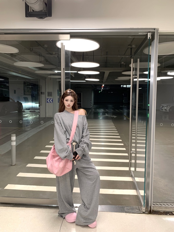 Lazy style design and temperament versatile minimalist sweatshirt loose casual pants suit two-piece set for women