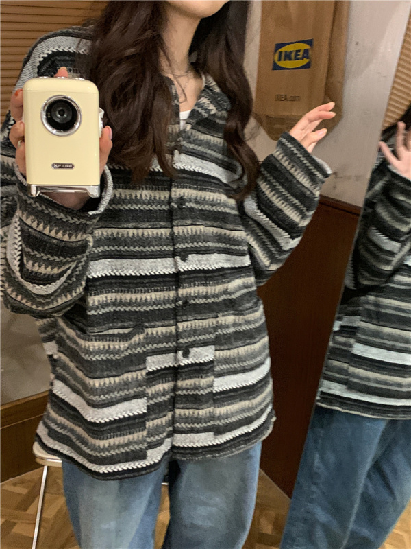 Retro round neck striped vintage cardigan spring and autumn coat long-sleeved top