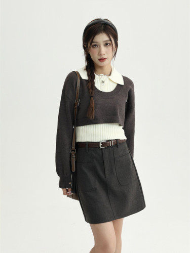 American retro short pullover sweater for women new style slim lapel sleeveless vest two-piece set