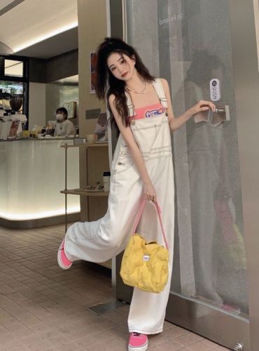 Three-standard design-sensory denim overalls for female students wide-leg denim trousers