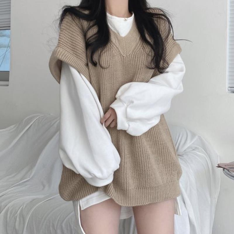 Korean chic autumn versatile round neck lantern sleeve slit sweatshirt + casual loose sweater vest vest vest for women