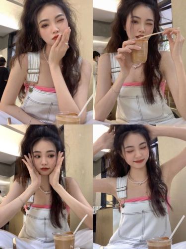 Three-standard design-sensory denim overalls for female students wide-leg denim trousers