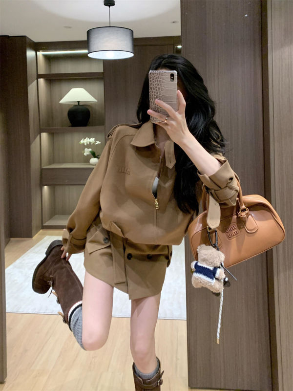 Fashionable temperament high-end trench coat in autumn new high-waisted slim hip skirt two-piece suit for women