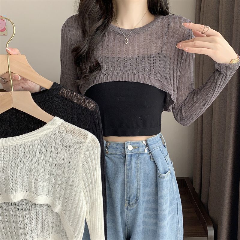 New Korean loose pullover sunscreen knitted blouse for women thin long-sleeved hollow navel ice silk top
