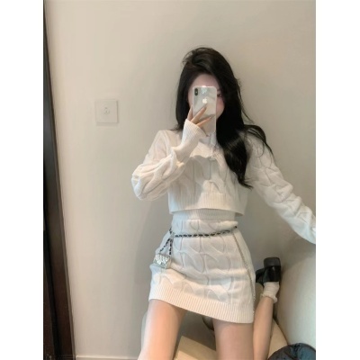 European and American sweet and spicy pink sweater for women in autumn fashion suit hip skirt new two-piece set