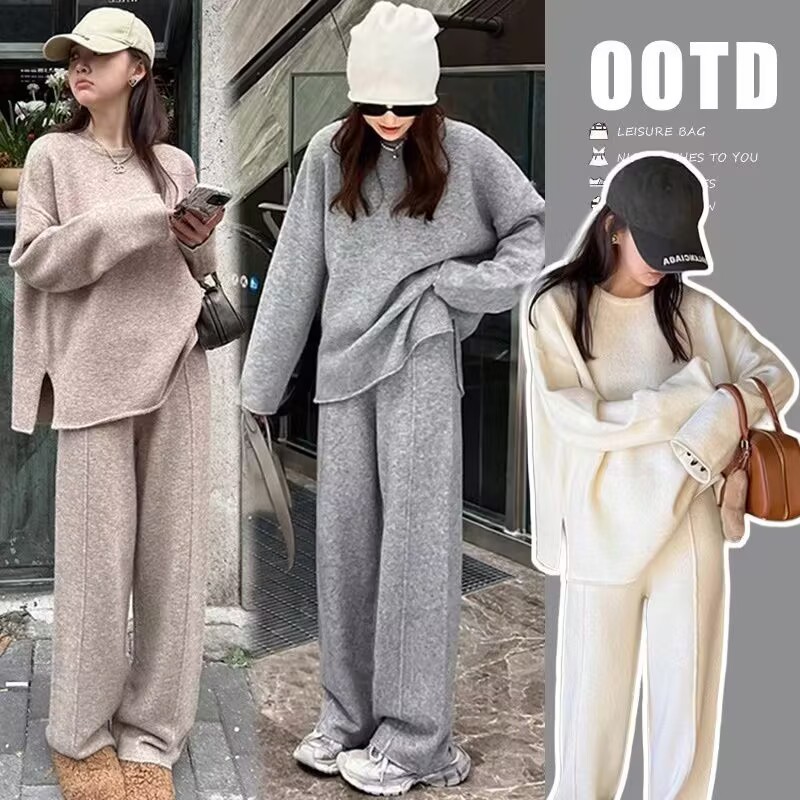 Set of casual glutinous rice lazy temperament gentle and slimming fashionable sweater + wide-leg pants suit