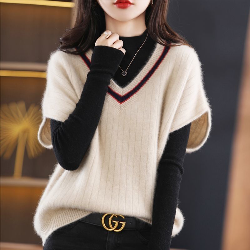 Women's new bat vest contrasting color V-neck autumn and winter thickened knitted vest base sweater women