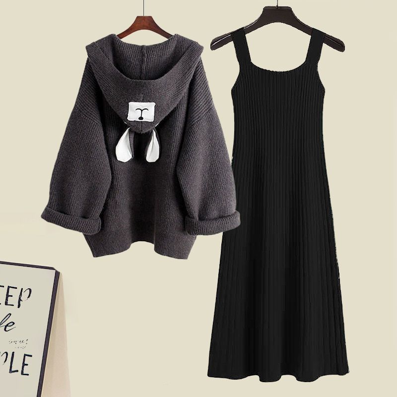 Autumn and winter suits for women's new salt-style outfits fashionable hooded knitted jacket slimming dress two-piece set
