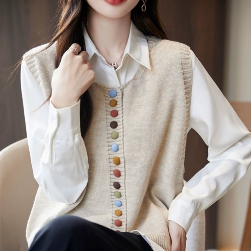 Artistic sleeveless vest women's sweater for autumn new knitted cardigan retro horse clip vest vest layered top