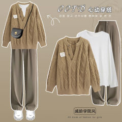 Large size women's autumn suit for women's new fashionable age-reducing knitted sweater versatile casual pants three-piece set