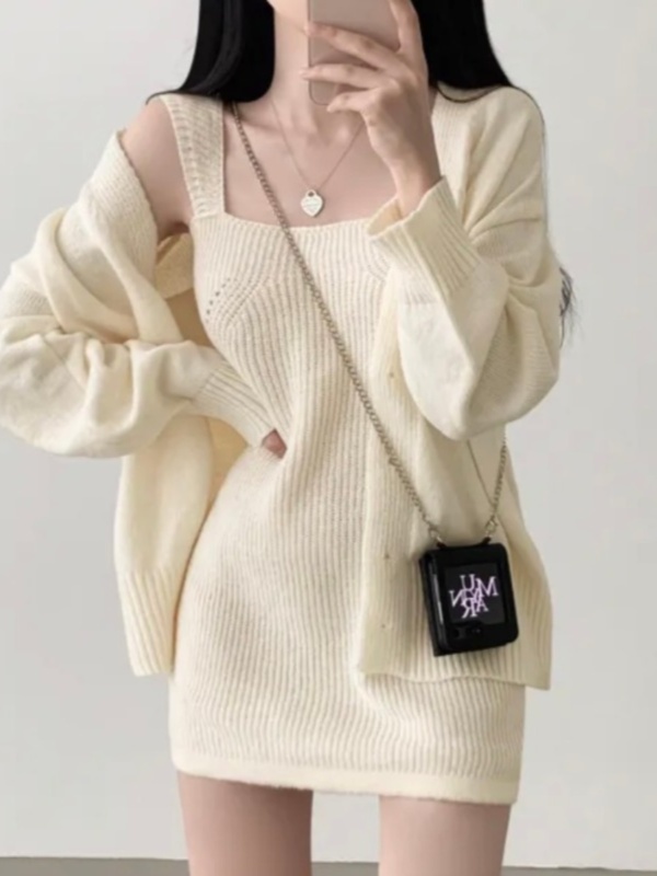 Korean chic autumn and winter niche retro lazy loose sweater jacket + knitted suspender dress two-piece set for women
