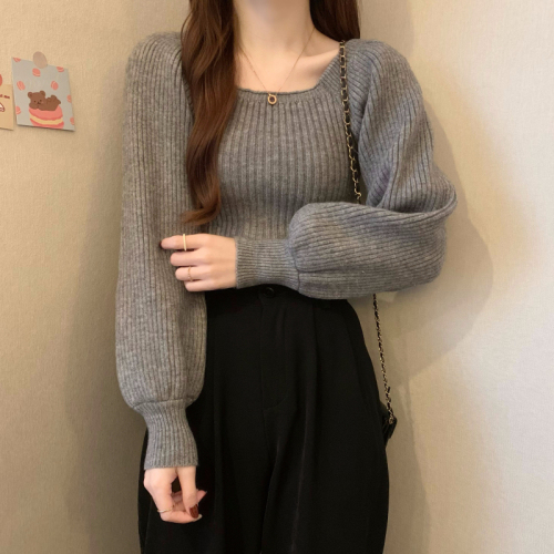 Square collar red sweater for women in autumn and winter New Year fashionable inner knitted base shirt design niche puff sleeves