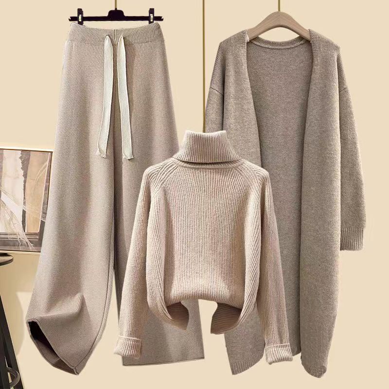 Autumn and winter suits for women new high-end long cardigan jacket turtleneck sweater with wide-leg pants three-piece set
