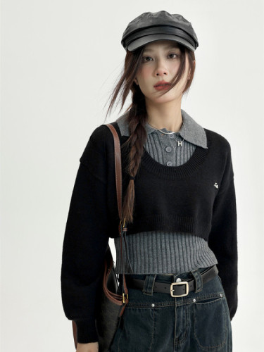 American retro short pullover sweater for women new style slim lapel sleeveless vest two-piece set