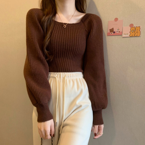 Square collar red sweater for women in autumn and winter New Year fashionable inner knitted base shirt design niche puff sleeves