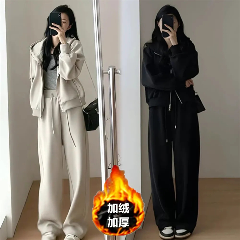 Plush winter clothes with a complete set of sports tea set for women's zipper long-sleeved sweatshirt wide-leg pants casual two-piece set