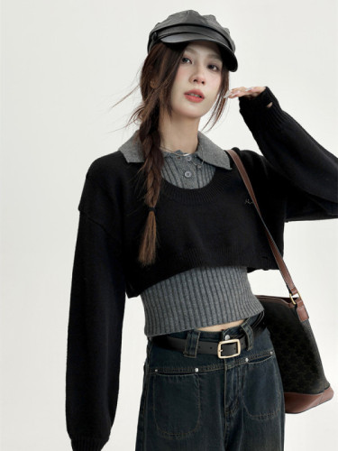 American retro short pullover sweater for women new style slim lapel sleeveless vest two-piece set
