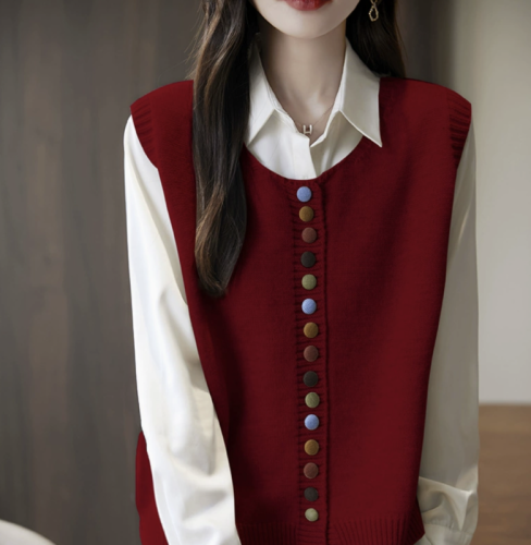 Artistic sleeveless vest women's sweater for autumn new knitted cardigan retro horse clip vest vest layered top