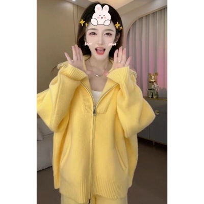 Korean style small sportswear suit for women simple zipper knitted sweater cardigan casual two-piece set