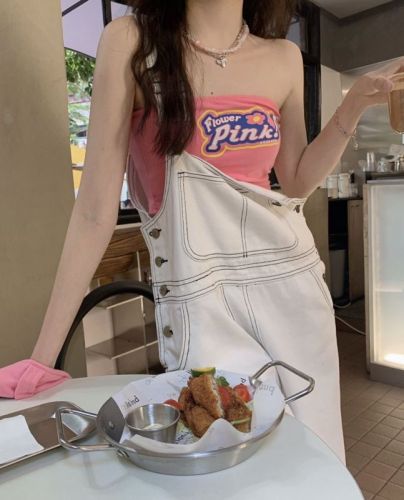 Three-standard design-sensory denim overalls for female students wide-leg denim trousers