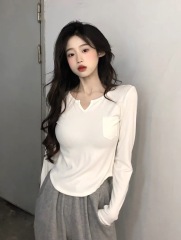 Official picture 90 fiber 10 spandex double-sided German velvet hairy T-shirt women's long-sleeved base shirt pocket V-neck