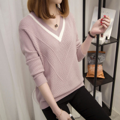Women's sweater pullover short Korean loose autumn new long-sleeved women's V-neck small fresh sweater