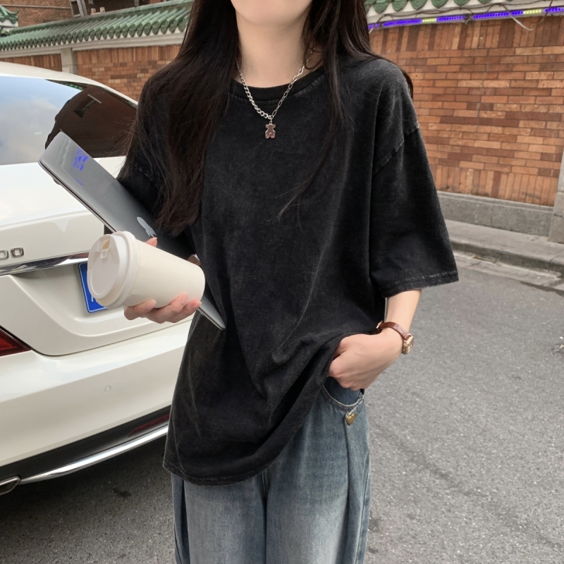 Summer Korean version loose round neck retro old versatile cotton short-sleeved T-shirt women's top