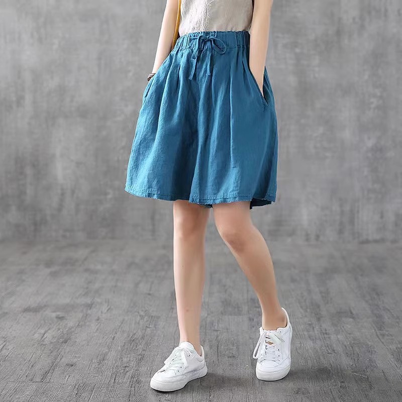 Women's retro linen shorts high waist cotton linen wide-leg pants loose casual thin five-point mid-length pants