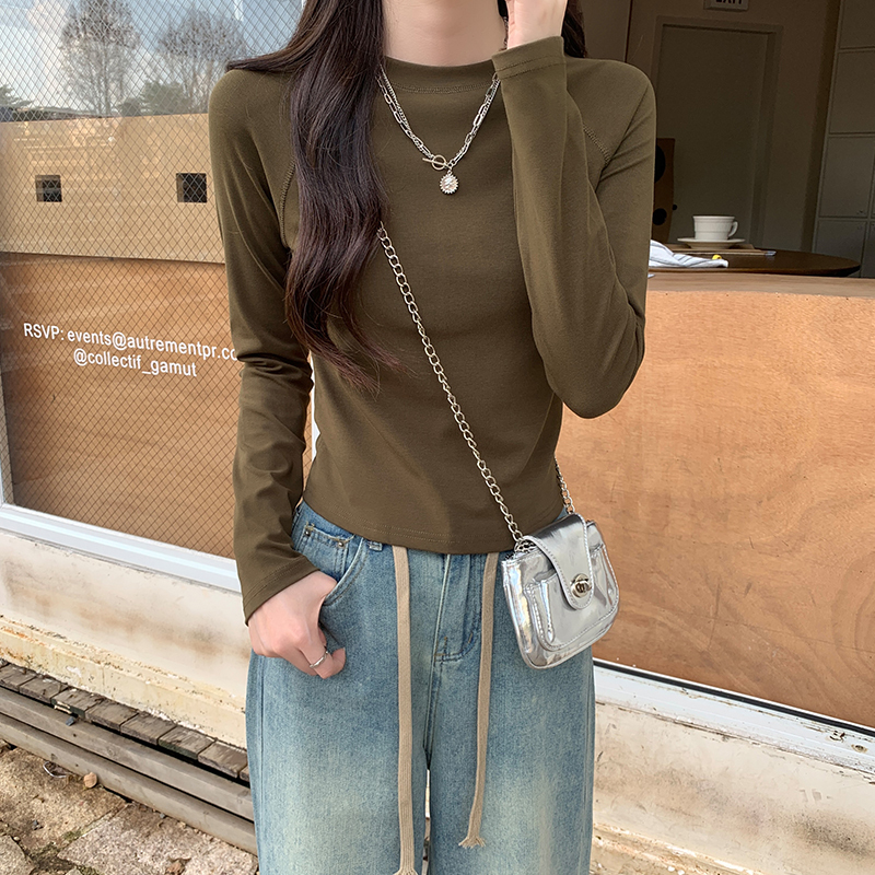 Retro solid color versatile half high neck long sleeve T-shirt for women's fashionable inner base slim body