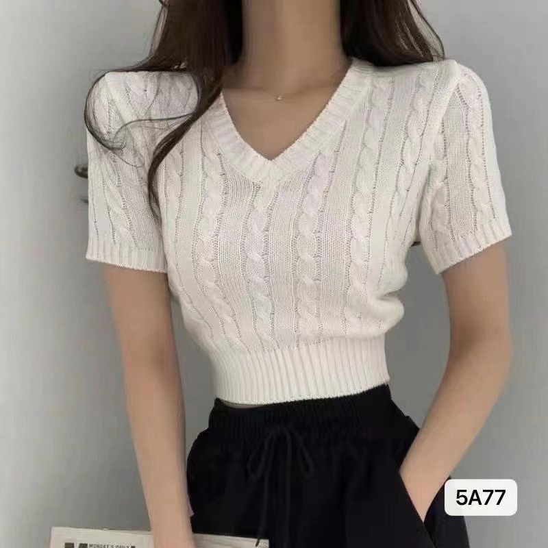 New Korean style simple and niche V-neck twist waist short-sleeved top for women