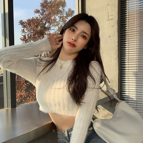 High-waisted sweater for women with short sexy design niche sexy hot girl with navel base knitted top spring and autumn