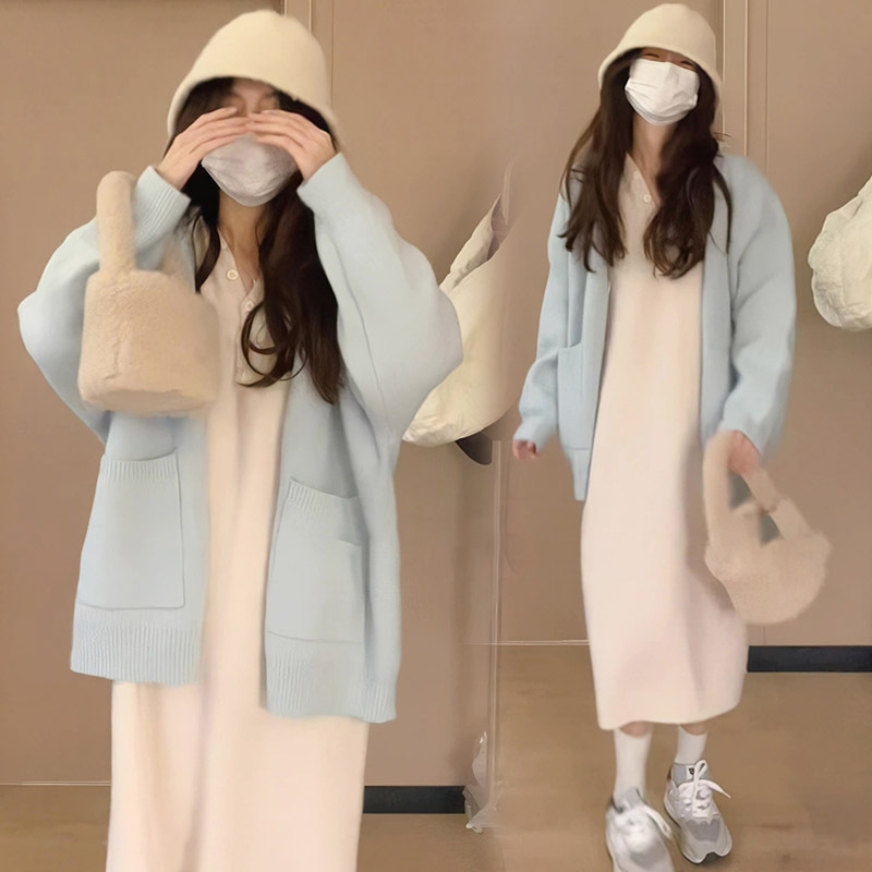 New cream-colored, gentle style chic style loose and versatile long-sleeved sweater cardigan jacket