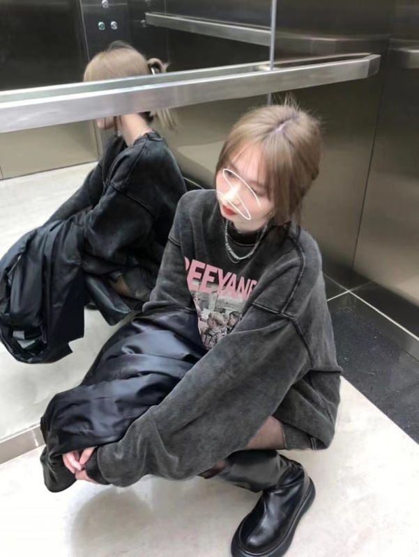 Original American lazy chic retro sweatshirt spring and autumn new style oversize long-sleeved washing cowboy cotton