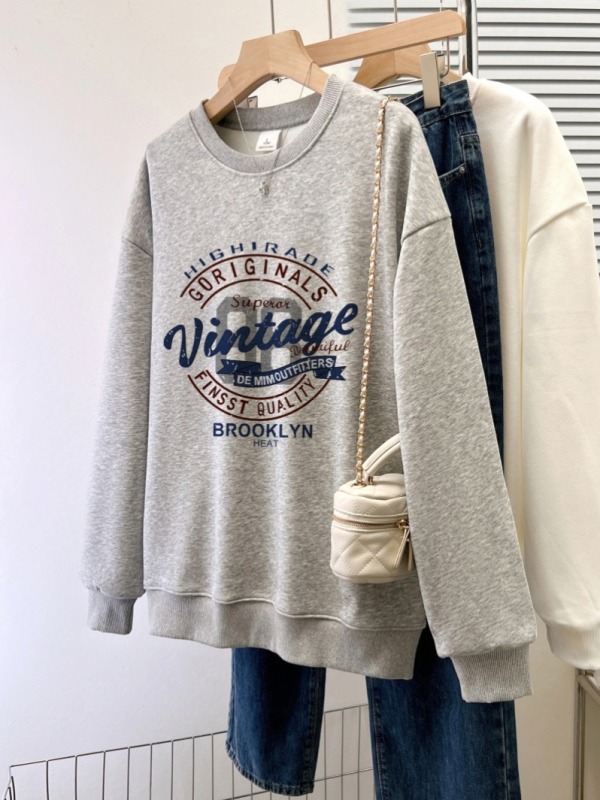 Pure cotton sweatshirt for women in autumn thin design and design-printed composite silver fox velvet plus velvet thickened loose large size top