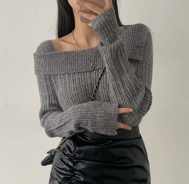 Early spring Korean chic pullover niche design lapel one-shoulder slim versatile sweater sweater
