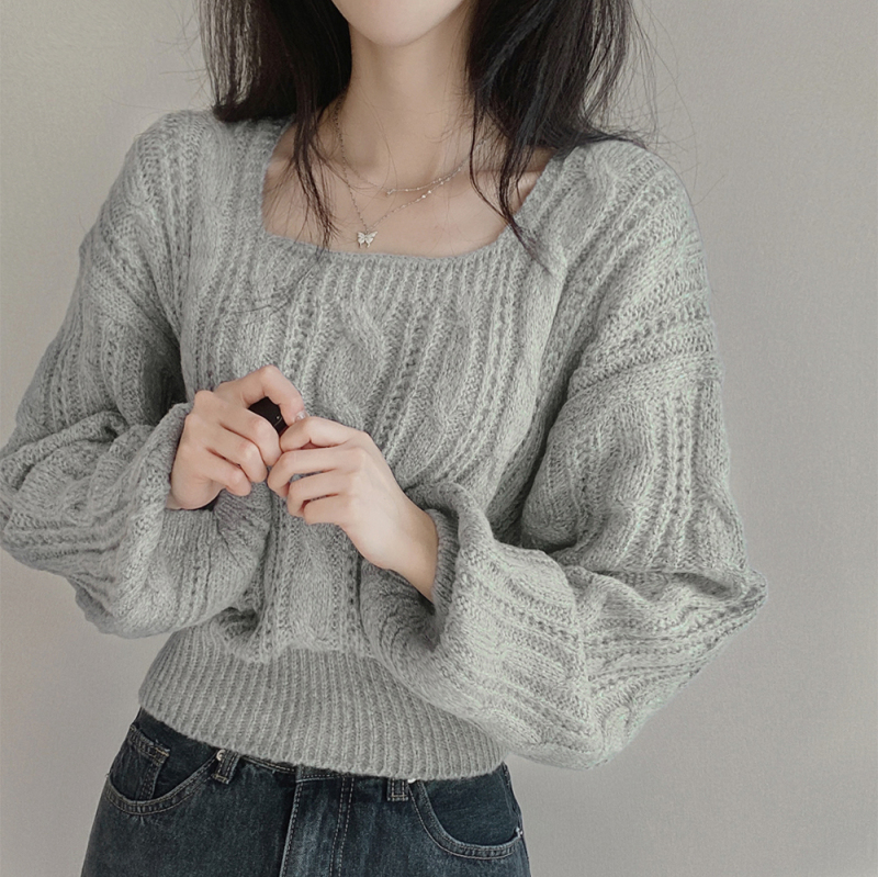 Twist sweater winter chic lazy style lantern sleeve solid color square collar pullover long sleeve knitted sweater