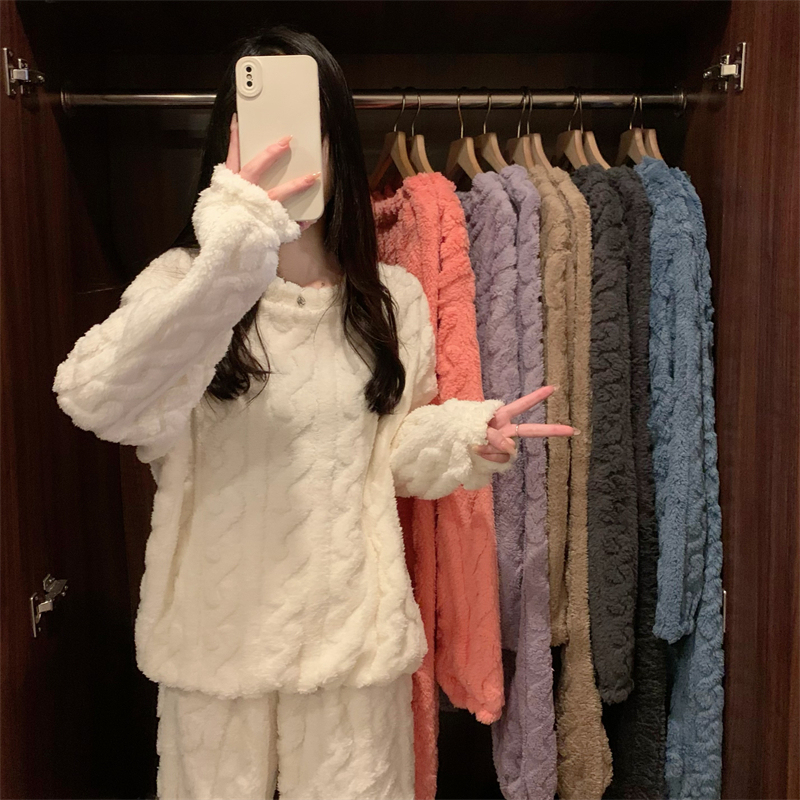 New solid color twisted coral velvet thickened warm home pajamas two-piece set for women