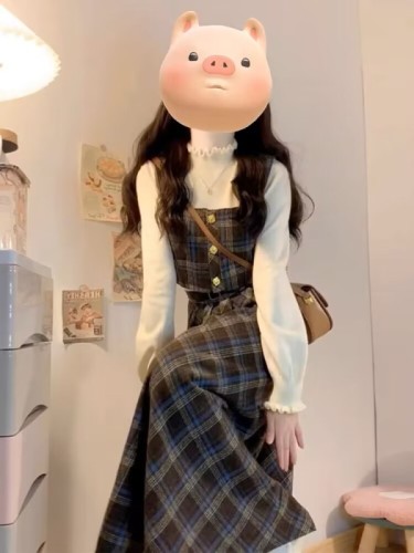 Xiaoxiang Academy style strap dress for women in autumn and winter new style small person outfit suit long skirt