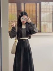 Winter suit for women new Hepburn style knitted embroidered sweater shirt skirt three-piece set