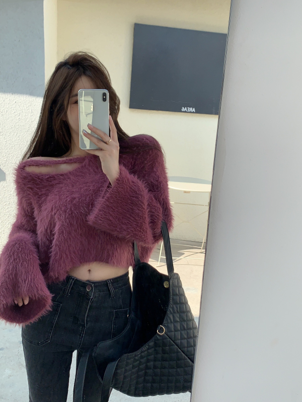 Korean style gentle style imitating mink hair soft and lazy temperament flap sleeve short sweater