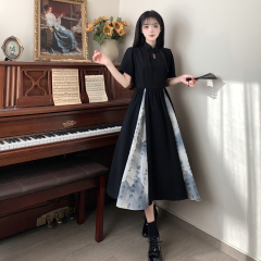 Chinese style retro dress summer new style new Chinese style ink painting chiffon fitting waist and meat covering long skirt