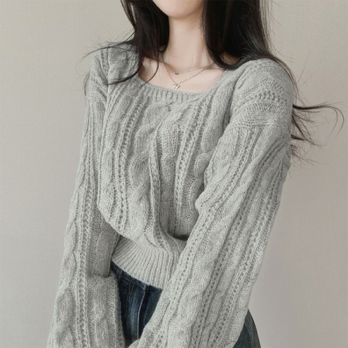 Twist sweater winter Korean style chic lazy style lantern sleeve solid color square collar pullover long sleeve knitted sweater