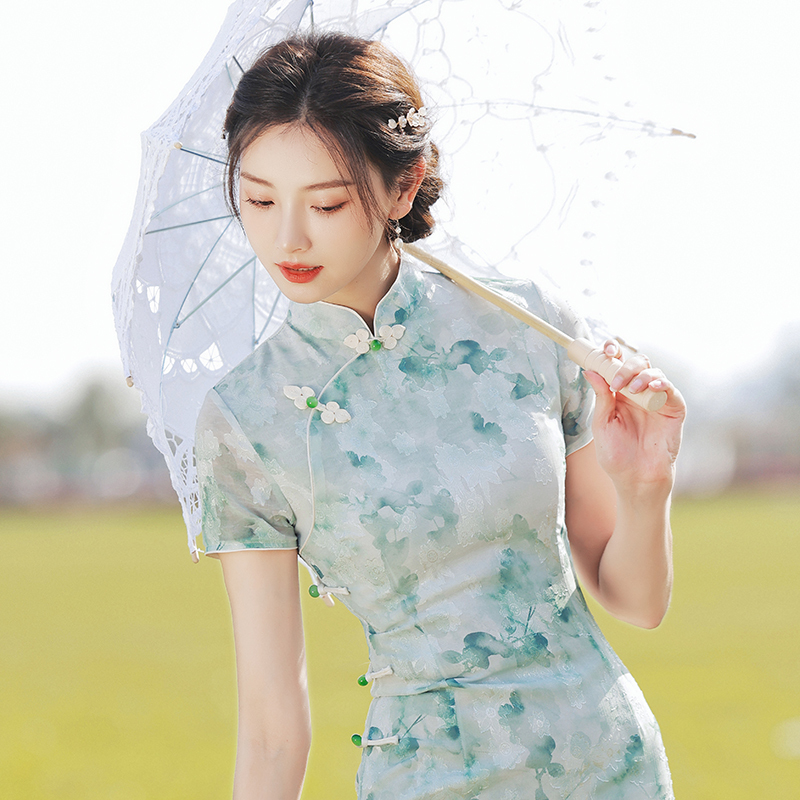 Improved cheongsam new temperament girly young chiffon small green test dress summer