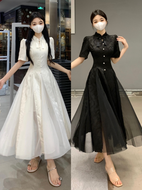 New Chinese style heavy industry mesh splicing cheongsam light and retro style design and temperament dress