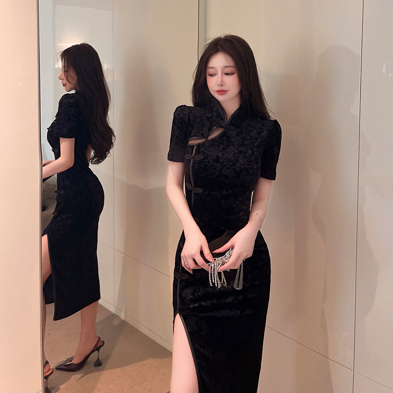 High-end retro Republic style light style for young women's sexy street-fried temperament hip-pack cheongsam dress