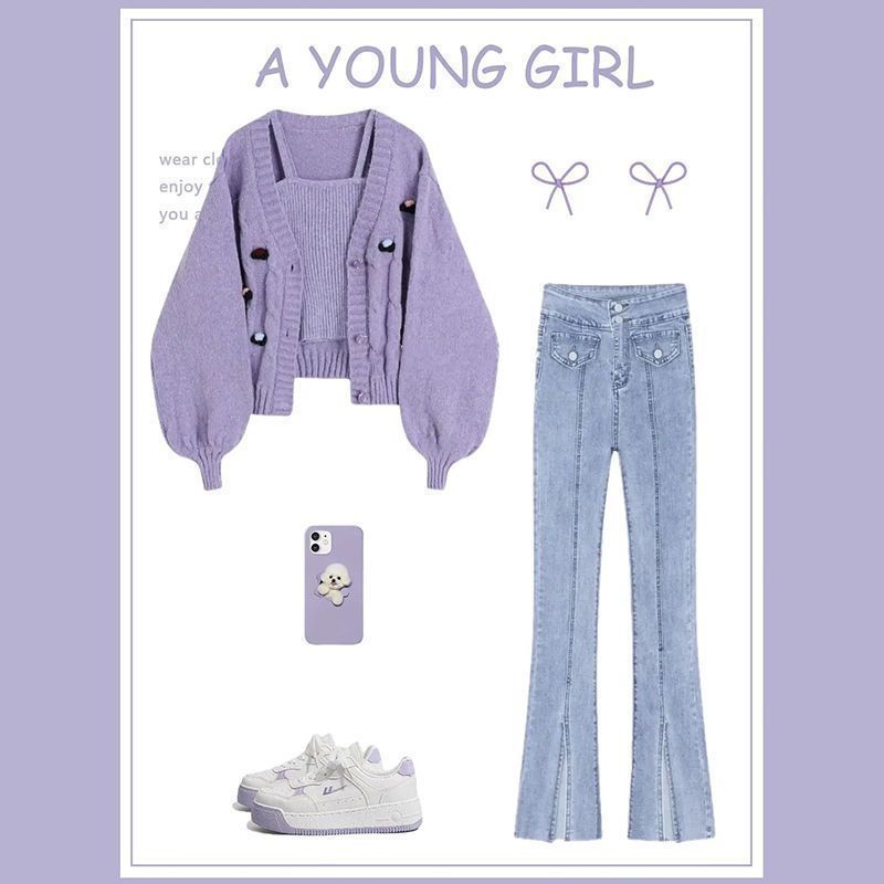 Autumn gentle outfit for women new Korean style suspender versatile knitted cardigan slim jeans three-piece set