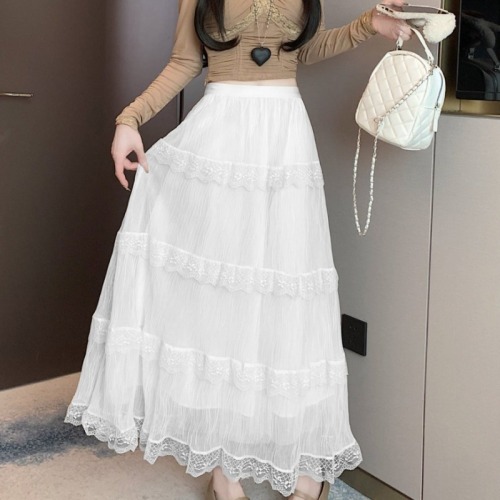 Spot real shots and real price white half-length skirt high waist A-line lace spliced ​​fairy cake skirt for women