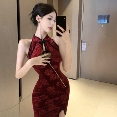 New retro girl young slim printed floss sexy short dress sleeveless cheongsam